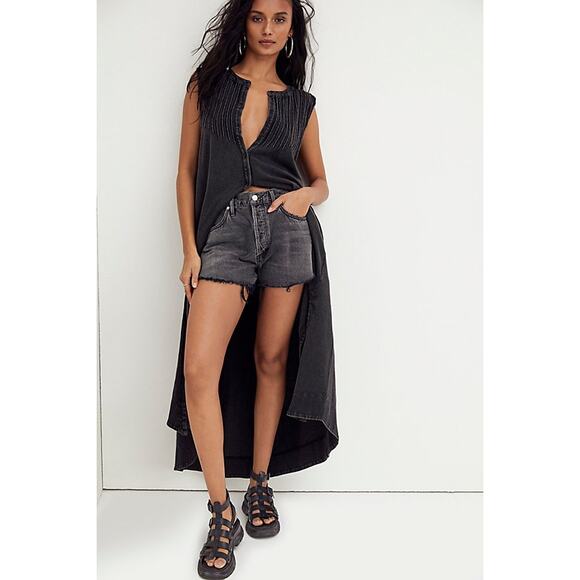 New Free People Pintucked Knit Button Midi Tunic Dress Top $118 X-SMALL Black - Picture 3 of 5